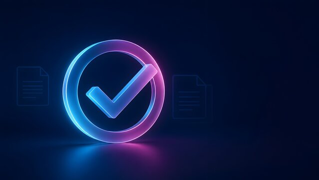 Neon Glowing Checkmark Icon in Circle on Dark Background with Faint Document Outlines for Digital Approval