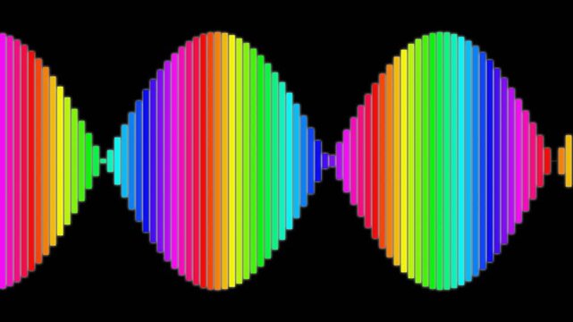 Colorful digital audio spectrum bars forming wave patterns against a dark background
