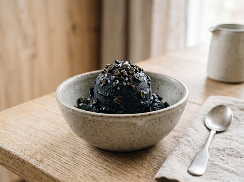 Black Salmiakki Ice Cream in Ceramic Bowl Scandinavian Style