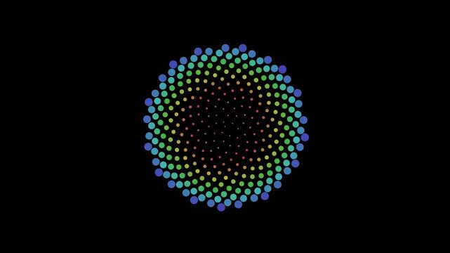 Colorful mathematical phyllotaxis spiral patterns rotating on a dark background