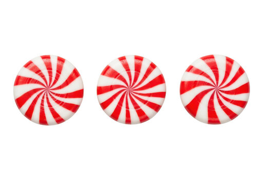 Three peppermint round candies isolated on transparent background