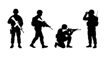 Obraz premium Military Soldier Silhouettes, Armed Forces Figures, Combat Team Poses, Vector Set