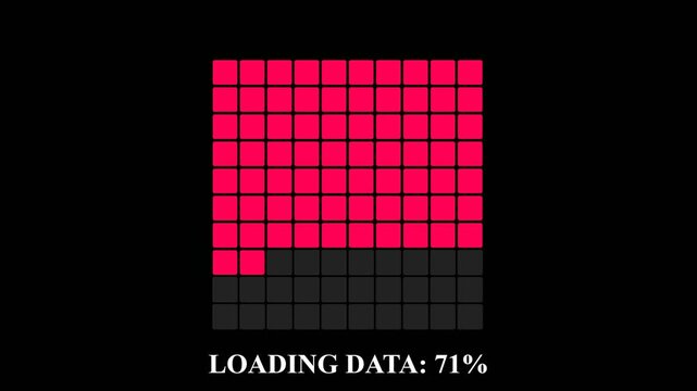 Digital data loading progress bar with red blocks and percentage counter on black background