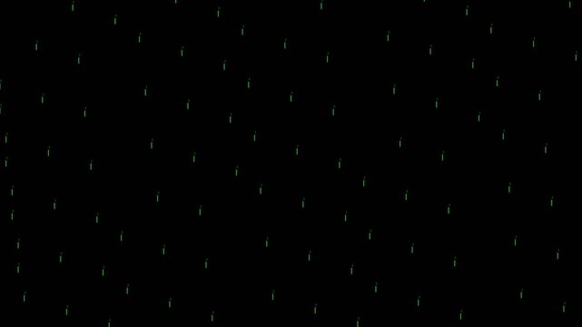 Digital green matrix code glitch effect with vertical lines on dark background