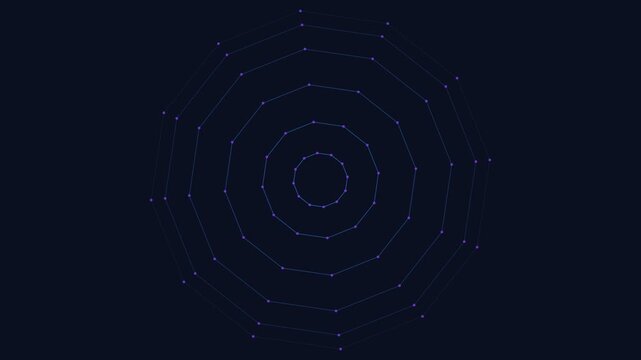 Expanding digital polygon web circles with connected nodes and lines on black background