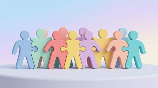 Vibrant pastel puzzle people figures connected together in harmony representing unity teamwork and social inclusion concepts