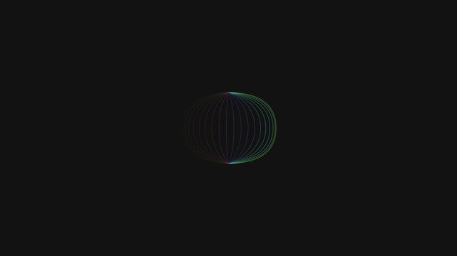 Four abstract wireframe spheres rotating with rainbow gradient colors on a black background