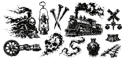 Fototapeta premium vintage steam train elements and railroad icons in black ink collection