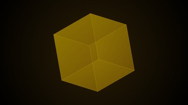 Four golden geometric wireframe cubes rotating slowly on a dark black background