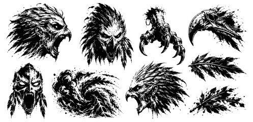 Obraz premium Fierce eagle heads and claws collection, wild bird aggressive attack illustrations with feathers in grunge