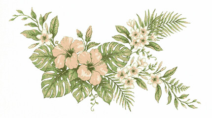 Fototapeta premium Tropical botanical floral arrangement featuring hibiscus flowers and monstera leaves in a soft pastel vector illustration with composition