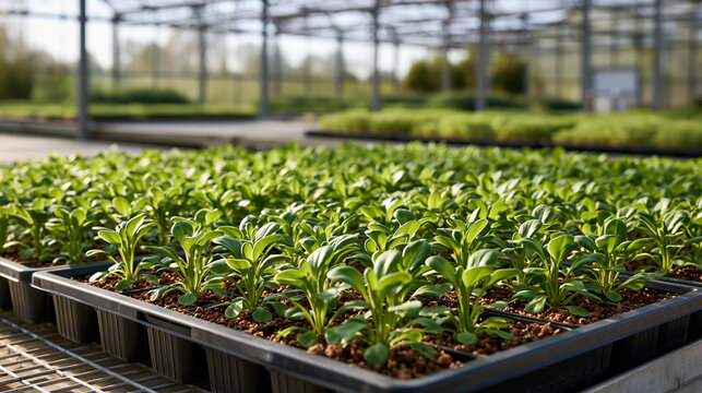 Young halophyte seedlings in greenhouse trays showcasing saline agriculture innovation and refined sustainable nursery cultivation