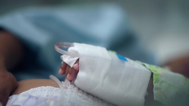 Baby hand with an intravenous line carefully secured by medical dressing in a hospital, illustrating pediatric treatment, patient monitoring, hydration therapy and clinical care.
