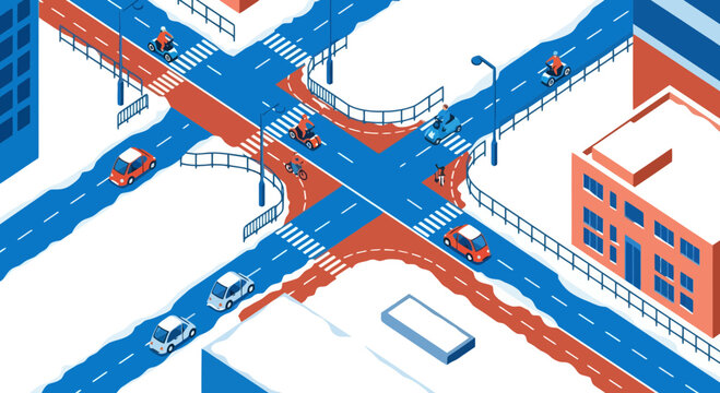 An isometric illustration of a busy city intersection with cars and pedestrians navigating snowy roads and bridges.