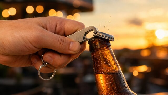 Beer bottle opener keychain eye level perspective with clean studio light and fresh styling art
