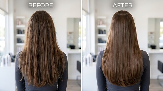Woman showing hair before and after straightening treatment with smooth healthy results in a professional salon setting