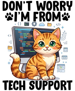Don't Worry I'm From Tech Support Funny Cat Programmer Graphic T-Shirt Design