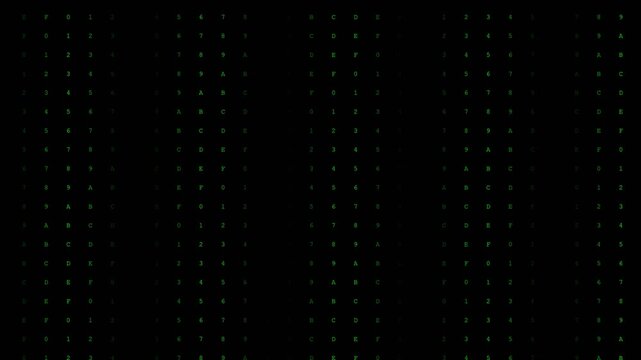 Green hexadecimal code falling down on a black background representing data and encryption