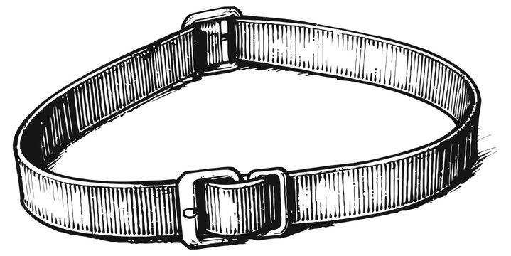 Illustration of a classic adjustable belt with a metal buckle, vintage black and white drawing