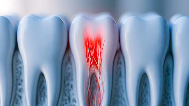 Close-up view of molars with one red, inflamed tooth, showing branching nerves and indicating dental pain and internal tooth anatomy