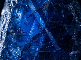 Raw sapphire fills the frame with vivid deep electric blue in dramatic sidelight — the most precious blue stone as ultimate fine art. Ideal for luxury, jewelry, and premium design backgrounds.