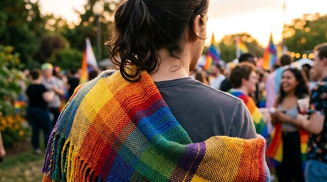 Person wearing a colorful rainbow scarf standing in a crowd during a pride parade celebration in a city park setting