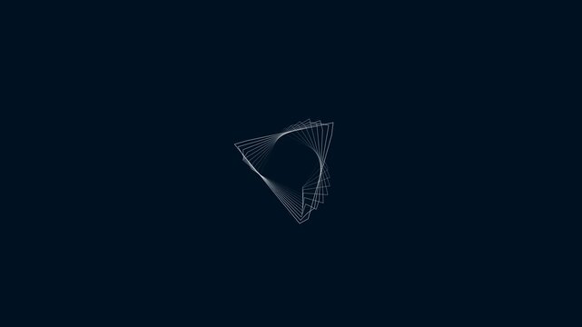 Minimalist white geometric wireframe shapes rotating with echo trails on dark blue background