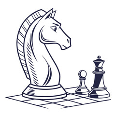 Chess knight piece standing on board next to pawn and queen © Hafiz
