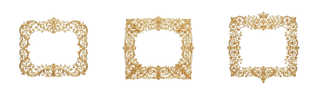 Set of luxurious gold ornate vintage frames and decorative baroque borders isolated on a white background, elegant royal greeting card elements and classic photo frame graphics for microstock design p