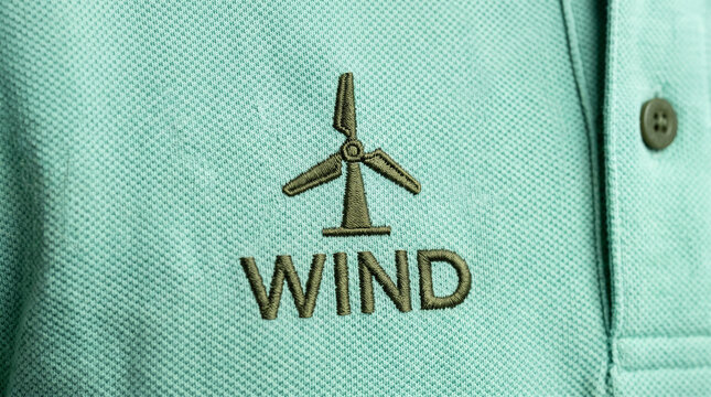 Mint green polo shirt close up with embroidered wind turbine logo