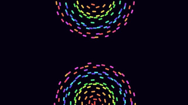 Rainbow colored dashed circles rotating in a Fibonacci spiral motion against black