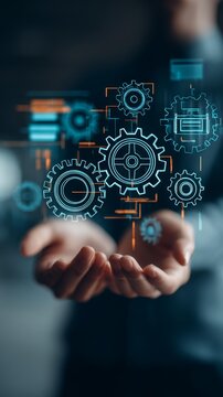 Technology Innovation, Gears and Hands, Abstract Environment, Digital Illustration, Futuristic Concept