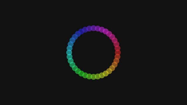 Rainbow colored dot circles blooming and rotating against a dark backdrop for motion graphics