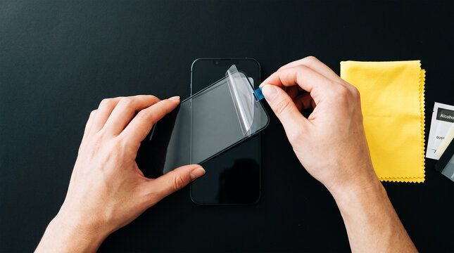 Applying screen protector to smartphone, close-up view