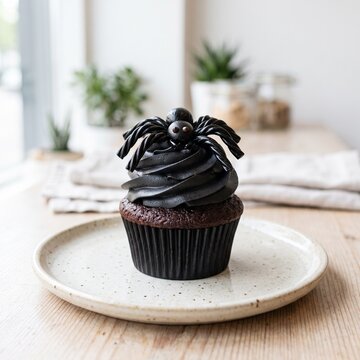 Gourmet Black Salmiakki Cupcake with Liquorice Spider for Halloween