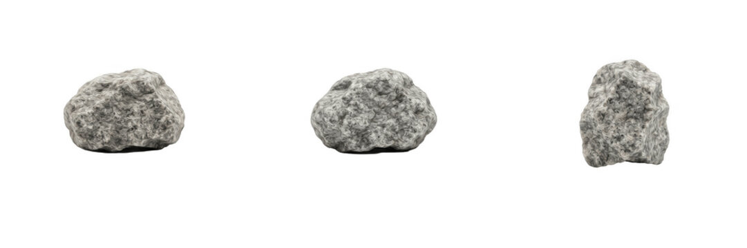 Set of rough grey stones and natural gravel pebbles isolated on a white background, raw mineral rock elements for microstock photography, geology studies, and creative architectural design projects