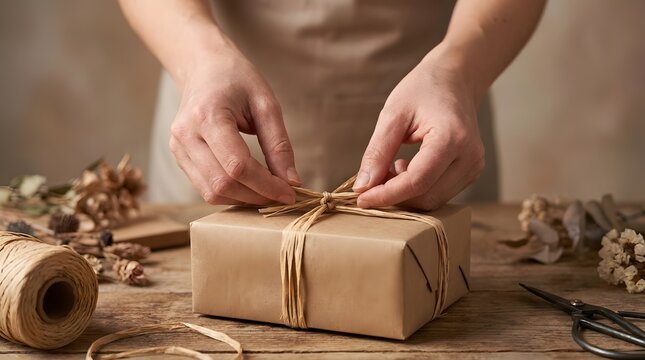 Person wrapping a gift with brown craft paper and raffia twine on wood