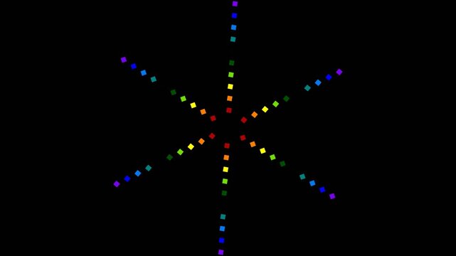 Rotating rainbow geometric star patterns with pulsing colorful dots on black background