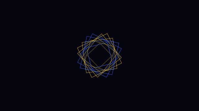 Rotating blue and yellow geometric square patterns twisting on a black background