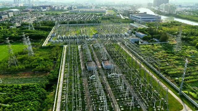 Aerial View of High Voltage Electrical Substation and Power Grid Infrastructure