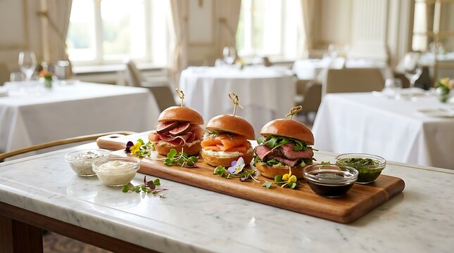 Three delicious fresh burgers served on a wooden board at a bright restaurant table for lunch time. Sandwich appetizer ideas