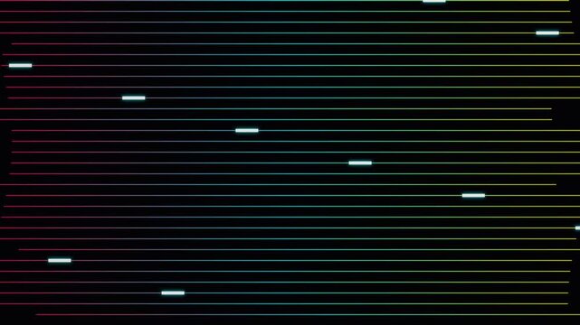 Symmetrical digital glitch scanlines with glowing light particles moving on dark background