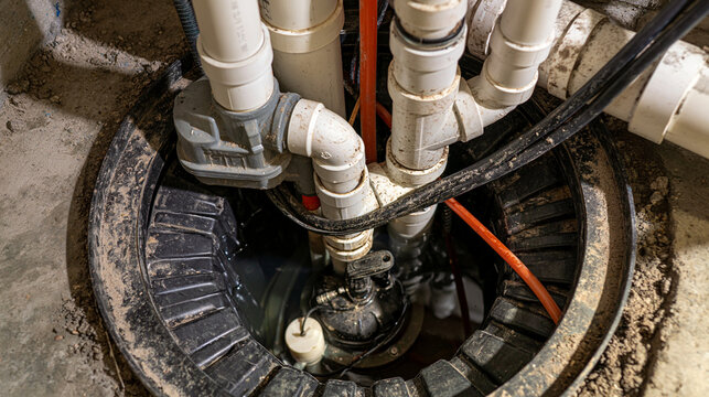 Top-down close-up view of an open basement sump pump pit embedded in a bare concrete floor