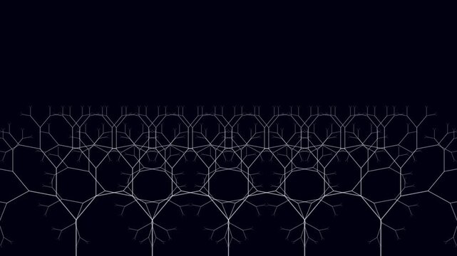 Symmetrical white fractal trees branching and evolving in a wave pattern on black background