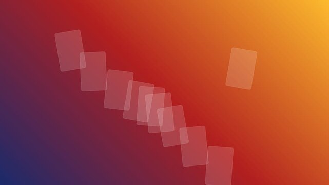 Translucent glass rectangles drifting over a vibrant orange and purple gradient backdrop