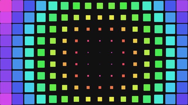 Vibrant rainbow square tiles scaling and changing size in a seamless geometric pattern
