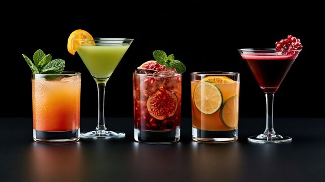 Five garnished cocktails with pomegranate citrus and mint on black background
