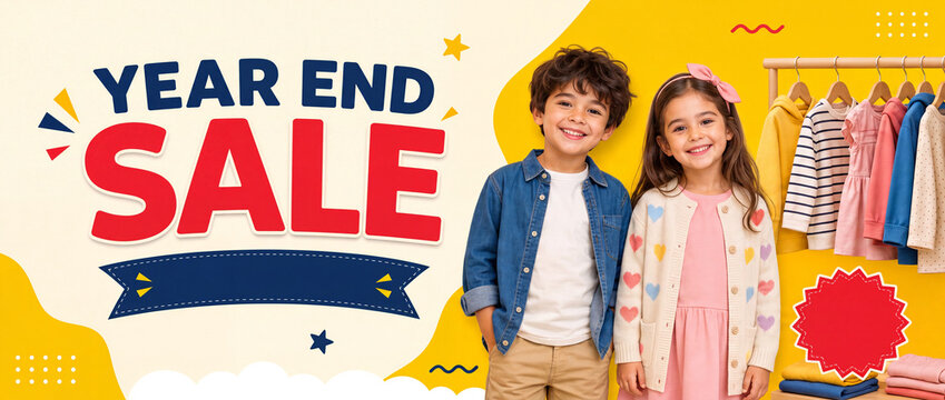 Colorful ultra wide kids clothing store banner promoting year end sale with two happy children beside clothes rack and empty red badge, badge and ribbon with copy space
