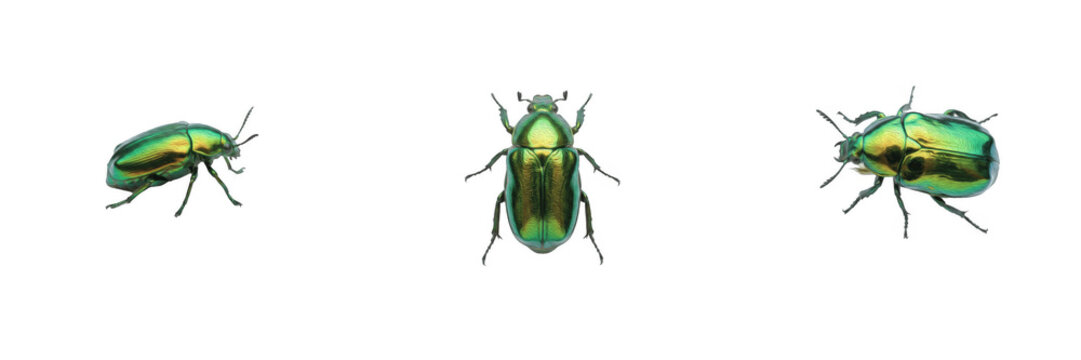 Set of three shiny green iridescent june beetle insect isolated on white background cut out PNG elements for entomology biology science nature graphic design asset jewel beetle scarab bug collection t
