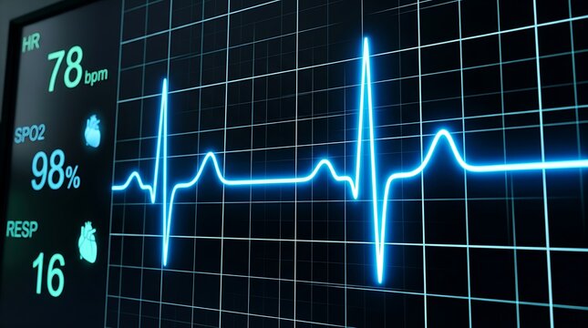 Bright blue heart rate monitor display showing a steady pulse line on a dark black medical hospital screen background